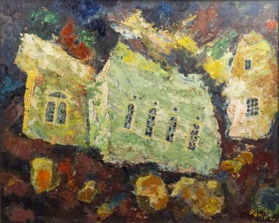 משה רביב (1904-1995), בתים בסגנון מופשט, 1965, שמן על מזוניט, 39X48 ס"מ, חתום ומתוארך.