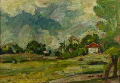 צבי שור (1898-1979), נוף כפרי, שמן על לוח, 34X49 ס"מ, חתום.
