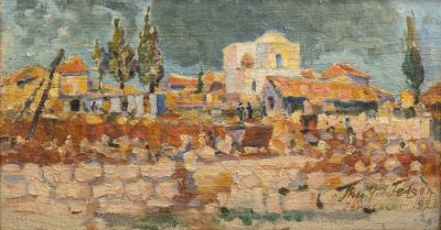 אמן לא מזוהה, ירושלים, 1926, שמן על לוח, 26.5X48.5 ס"מ, חתום.