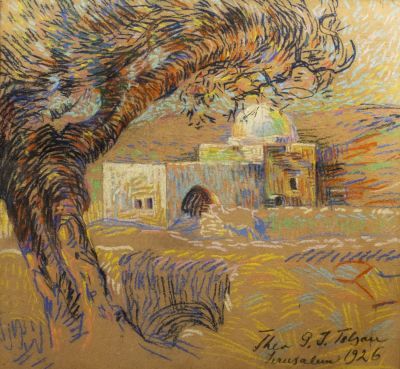 אמן לא מזוהה, קבר רחל, 1926, פנדה על נייר, 34X36 ס"מ, חתום.