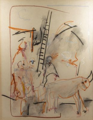 אמן לא מזוהה, סולם יעקב, פנדה על נייר, 59X46 ס"מ, חתום.
