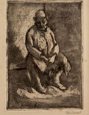 יעקב שטיינהרדט (1887-1968), קבצן עם כובע, תצריב, 16.5X13 ס"מ, חתום. מופיע בספר יעקב שטיינהרדט 