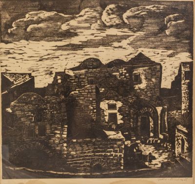 יעקב שטיינהרדט (1887-1968), בתים בעיר העתיקה, 1940, חיתוך עץ, 32.5X35 ס"מ, חתום.