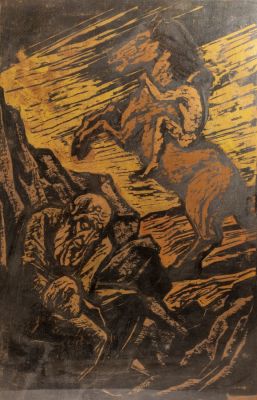 יעקב שטיינהרדט (1887-1968), נעורים, 1950, חיתוך עץ צבוע, 33.5X48.5 ס"מ, חתום.