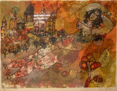 תיאו טוביאס (1927-2012), דמות אישה על רקע בתים, ליטוגרפיה, מידות הגיליון: 54X68 ס"מ, חתום 