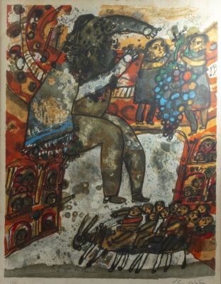 תיאו טוביאס (1927-2012), הענבים מכנען, ליטוגרפיה, מידות הגיליון: 64X48 ס"מ, חתום וממוספר 126/175.