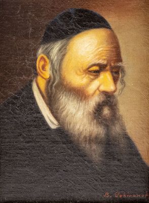 B. Sokiransky (1857-1953). ב'. סוקירנסקי (1857-1953), דמות רב, שמן על לוח, 14X10 ס"מ, חתום.