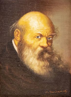 B. Sokiransky (1857-1953). ב'. סוקירנסקי (1857-1953), דמות איש, שמן על לוח, 14X10 ס"מ, חתום.