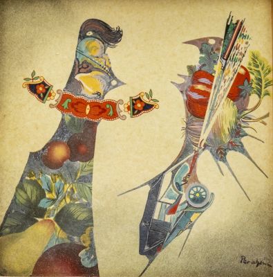 ז'ול פרחים (1914-2004), סוריאליזם, ציור יד על אריח פורצלן, 15X15 ס"מ, חתום.