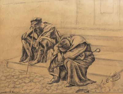 אמן לא מזוהה, עייפות, 1937, פחם על נייר, 24X32 ס"מ, חתום K.Chartupski ומתוארך.