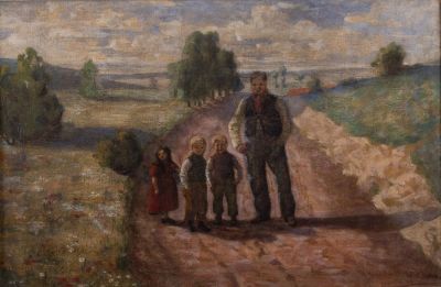 אמן לא מזוהה, אב עם ילדיו בשדות, שמן על בד, 36X53 ס"מ, חתום (חתימה לא מזוהה) ומתואר: Breslau.