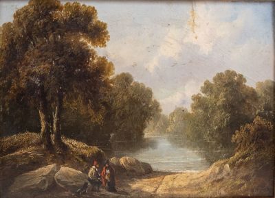מיוחס ל-Jan Frans Van Bloemen. מיוחס ל- Jan Frans Van Bloemen (1662-1749), זוג וכלב באגם, שמן על 