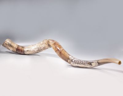 שופר גדול מעוטר כסף. שופר גדול ממדים עשוי קרן ומעוטר באפליקציות כסף 925 (אלקטרופורמינג) עם סצנת 