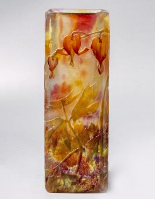 אגרטל זכוכית מיניאטורי , Daum Nancy. אגרטל זכוכית קמאו (p&acirc;te-de-verre) מיניאטורי מרובע תוצרת 