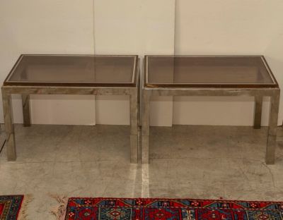 זוג שולחנות קפה מזכוכית, Willy Rizzo. זוג שולחנות קפה איטלקיים בעיצוב Willy Rizzo, שנות ה-70. 