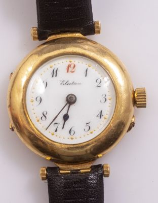 שעון יד לאישה מזהב. שעון יד מכני לאישה תוצרת ELECTION. קופסה מזהב 18K. הלוח עשוי אמייל. רצועה 