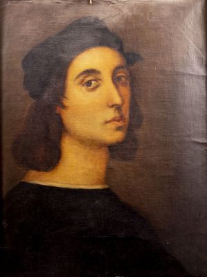 ציור עתיק, דיוקן רפאל. אמן לא ידוע, דיוקן האומן רפאל, שמן על בד, 33X44.5 ס"מ, לא חתום. סדקים 