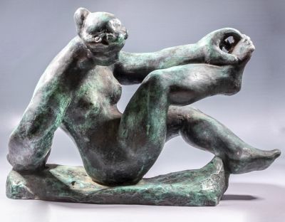 ברנרד רדר (1887-1963), אישה שוכבת, פסל ברונזה, 15X32X47 ס"מ, חתום.