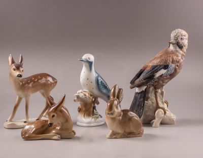 פיגורות פורצלן, חיות. לוט חמש פיגורות פורצלן בצורת חיות (ציפורים, עופרים וארנבת). יצרנים שונים. 