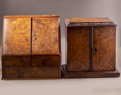 מכתביה וארונית מגירות ויקטוריאני. לוט 2 פריטים ויקטוריאניים מעץ. כולל: * מכתביה שולחנית מחופה 