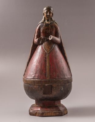 פיגורת עץ נוצרית, מריה. פיגורת עץ נוצרית צבועה בצבעי פוליכרום בדמות מריה, ככל הנראה המאה ה-18. 