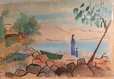 יוחנן סימון (1905-1976), אם וילדה על חוף הכנרת, 1953, צבעי מים על נייר, 28X41 ס"מ, חתום.