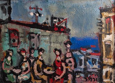 יעקב וכסלר (1912-1995), דמויות, שמן על בד, 27X37 ס"מ, חתום, חתום בשנית בגב היצירה. סדקים קלים 