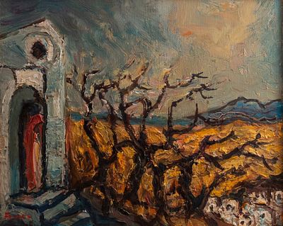 יצחק פרנקל פרנל (1900-1981), נוף צפת, שמן על בד, 22X27 ס"מ, חתום.