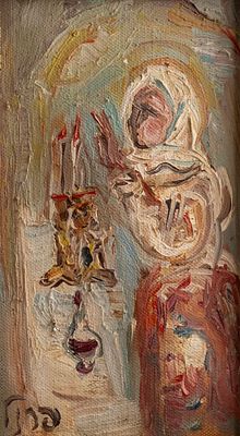 יצחק פרנקל פרנל (1900-1981), אישה מדליקה נרות שבת, שמן על בד, 20X12 ס"מ, חתום.מקור: אוסף האמנות 