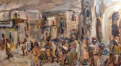 ישי קולביאנסקי (1892-1970), דמויות, גואש על קרטון, 33X61 ס"מ, חתום. תיקון.
