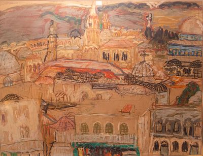 מורנו פנקס (נ. 1936), פריז, טכניקה מעורבת על נייר, 50X65 ס"מ, חתום. קרע קל לפינה הימנית העליונה.