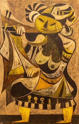 משה אגמון (נ. 1932), דמות, שמן על בד, 104X68 ס"מ, חתום. פגמים זעירים.