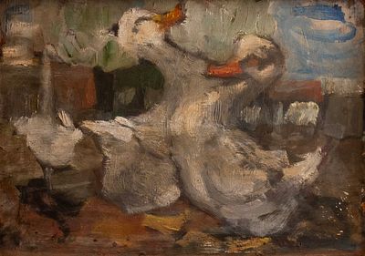 משה קופפרמן (1926-2003), ברווזים, שמן על מזוניט, 23X34 ס"מ. מצורף אישור מקוריות מאת יונה פישר. 
