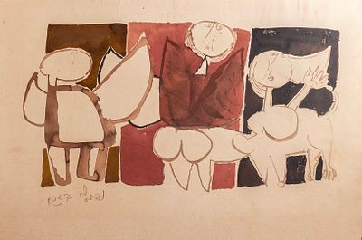 נפתלי בזם (1924-2018), דמויות, צבעי מים על נייר מוצמד לקרטון, 31.5X47 ס"מ, חתום. מקור: עיזבון 