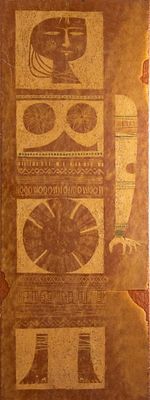 סמי בריס (נ. 1930), סוריאליזם, טכניקה מעורבת על בד מוצמד עץ, 80X30 ס"מ, חתום. פגמים.