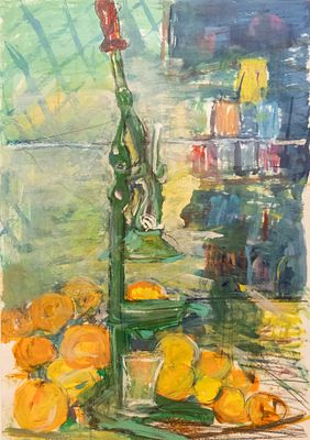 עמוס רבין (נ. 1950), מסחטה, 1985, גואש על נייר, 99X69 ס"מ, חתום ומתוארך.