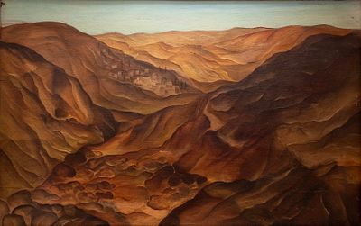 עמנואל לופטגלס (1896-1958), נוף מדברי, שמן על עץ, 51X79 ס"מ, חתום. פגמים קלים.
