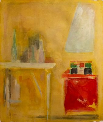 פימה (אפרים רויטנברג; 1916-2005), חדר צהוב, צבעי מים על נייר, 36X31 ס"מ, חתום.