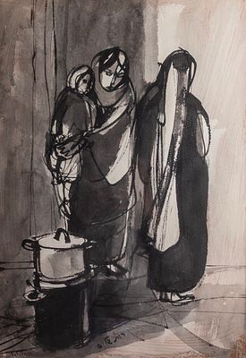 רות שלוס (1922-2013), נשים וילדה ערביות, צבעי מים וגואש על נייר, 48.5X34 ס"מ, חתום.