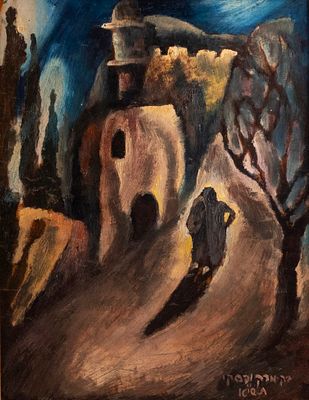 שמואל בק (נ. 1933), דמות צועדת בשביל - ציור מוקדם, תשי"א (1950-1951), שמן על קרטון, 40X30 ס"מ 