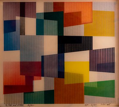 יעקב אגם (נ. 1928), קומפוזיציה, אגמוגרף, 36X40 ס"מ, הקדשה חתומה מאת האמן.