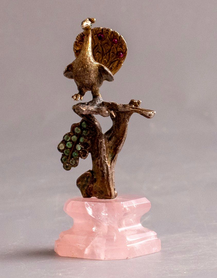 Viennese Silver Figurine. Silver figurine shaped as a peacock standing on a tree, Austria. 