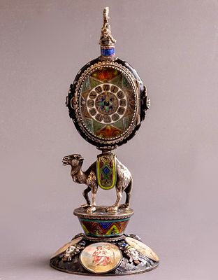 Viennese Silver & Enamel Table Clock. Enameled silver table clock, Austria, 19th century. On a 