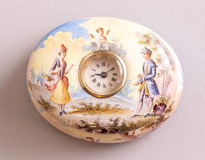 Viennese Enameled Snuff Box with Integrated Clock. 19th century Austrian Enameled Snuff Box with 