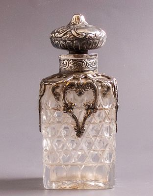 English Glass & Silver Bottle. English Victorian glass and silver perfume/ liqueur bottle. 
