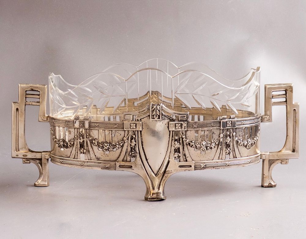 European Glass & Silver Centerpiece. European glass and 800 silver centerpiece, decorated with 