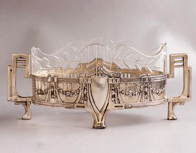 European Glass & Silver Centerpiece. European glass and 800 silver centerpiece, decorated with 
