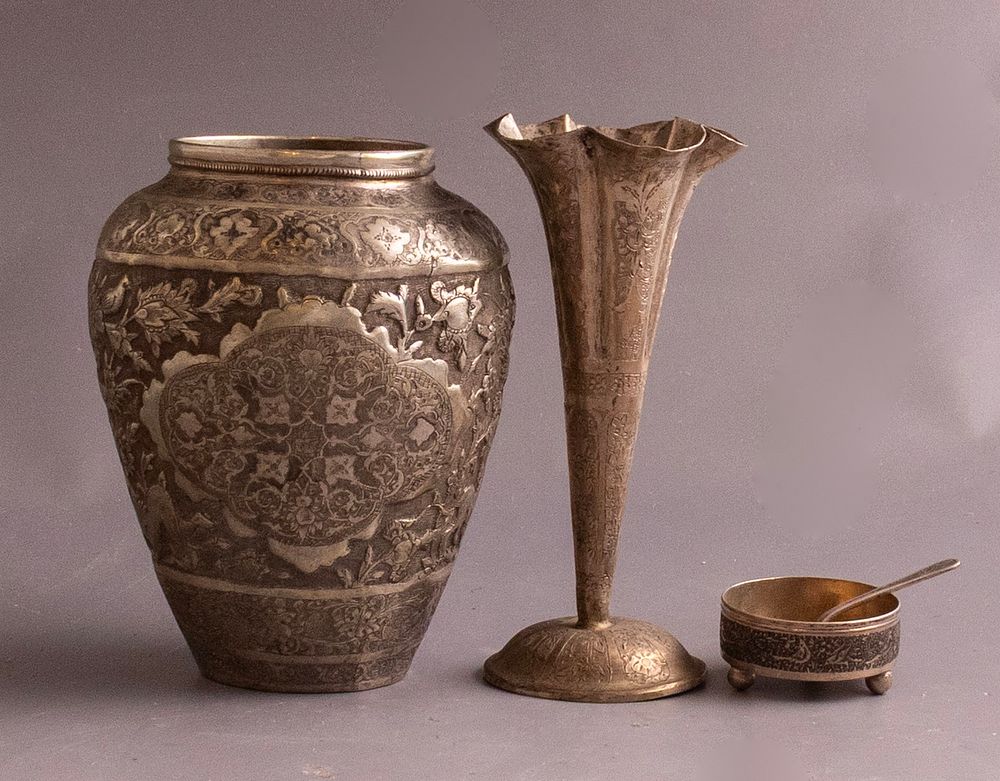 Persian Silver Items. Lot of 3 Persian silver items, Isfahan work. Including 2 vases and a salt 