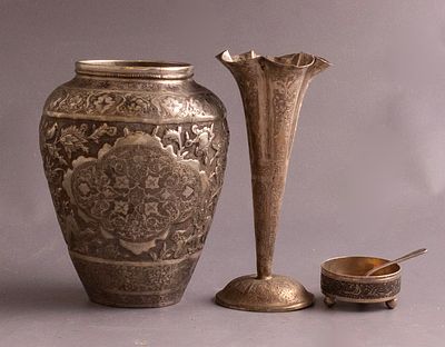 Persian Silver Items. Lot of 3 Persian silver items, Isfahan work. Including 2 vases and a salt 