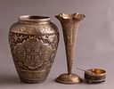 Persian Silver Items. Lot of 3 Persian silver items, Isfahan work. Including 2 vases and a salt Image - 1